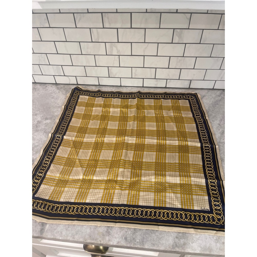 Echo Scarf Womens Gold Plaid Chain Link Print Square Silk Feel Neck Scarf